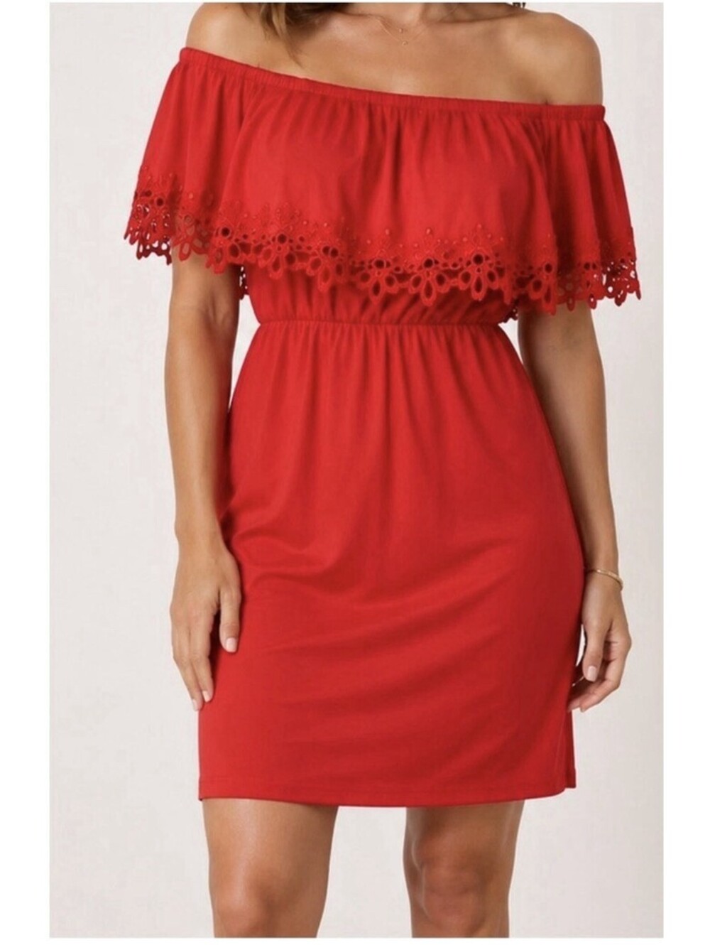 Chico’s Off Shoulder Red Dress Crochet Lace Trim Stretch Size 1 Medium